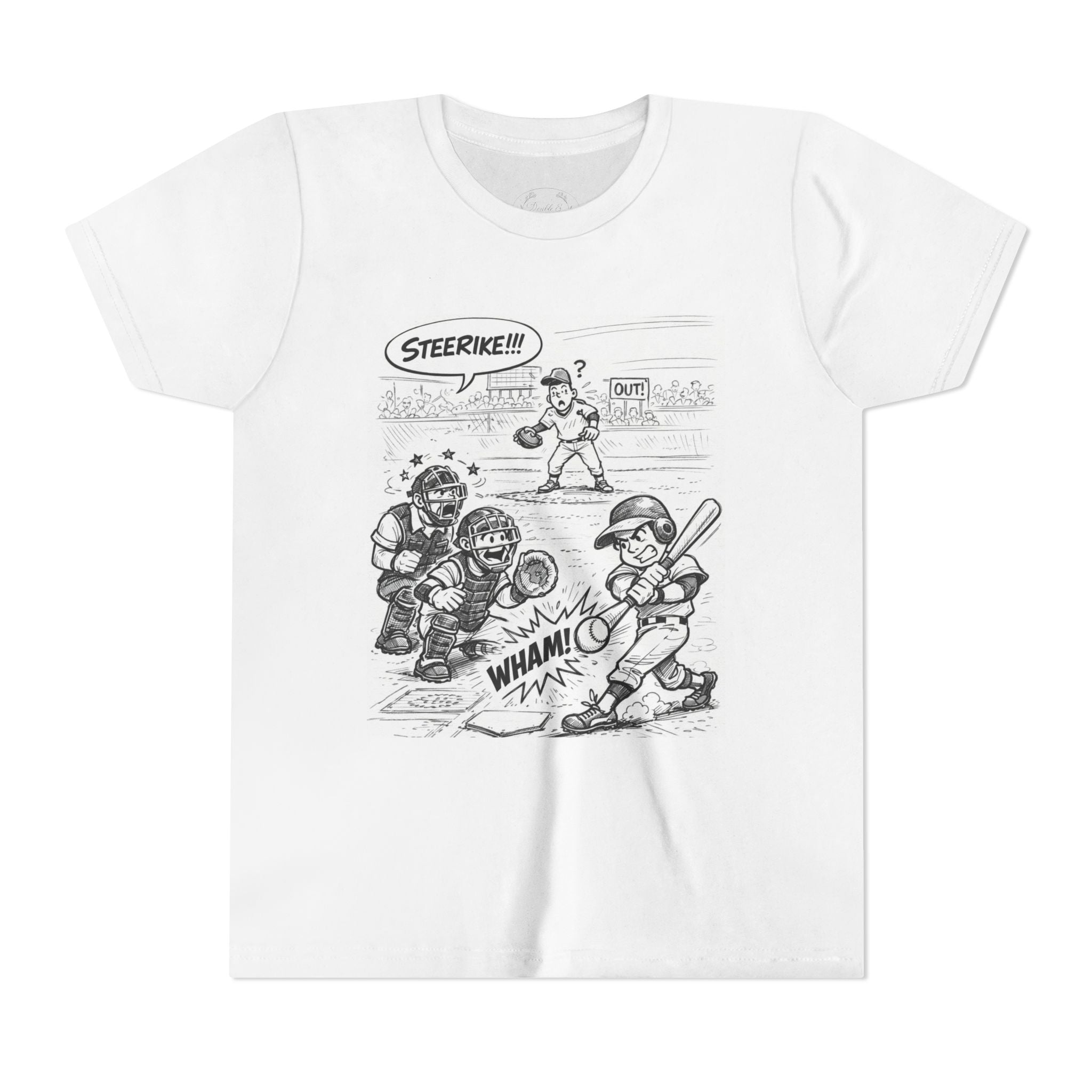 WHAM! Game Day Heroes™ – Youth Baseball Cartoon Tee (Front & Back)