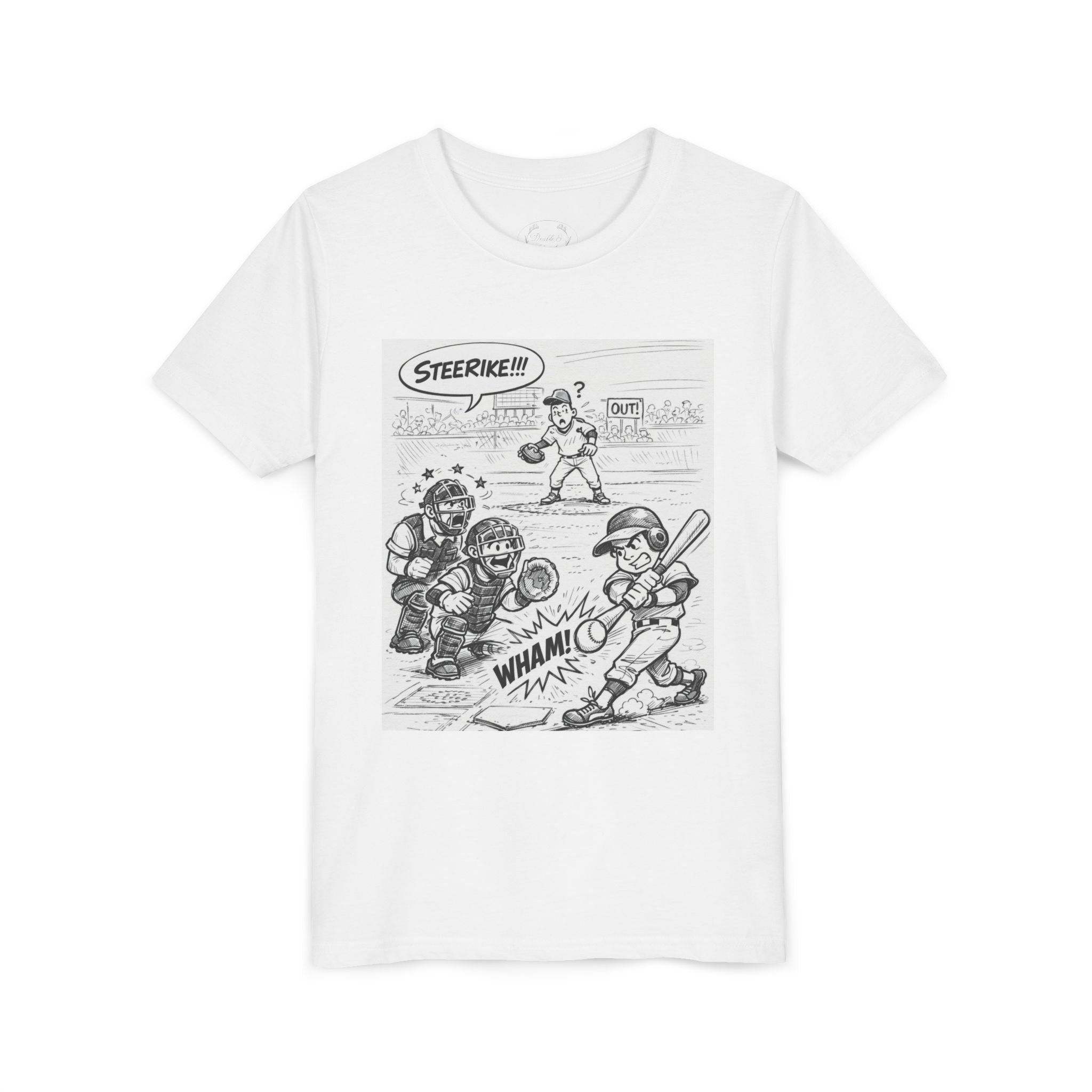 WHAM! Game Day Heroes™ – Youth Baseball Cartoon Tee (Front & Back)