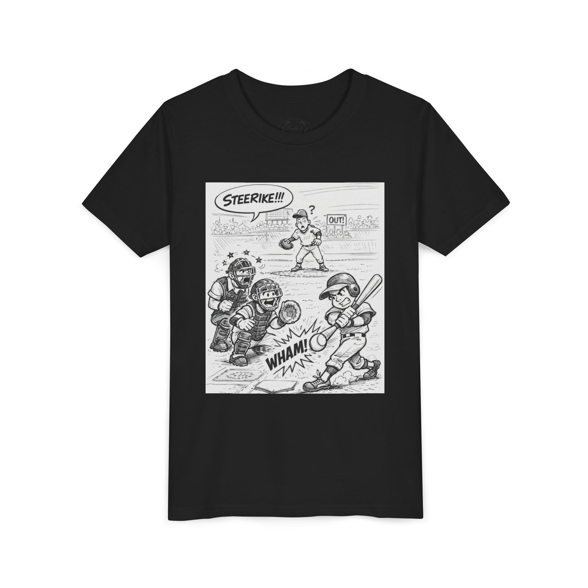 WHAM! Game Day Heroes™ – Youth Baseball Cartoon Tee (Front & Back)