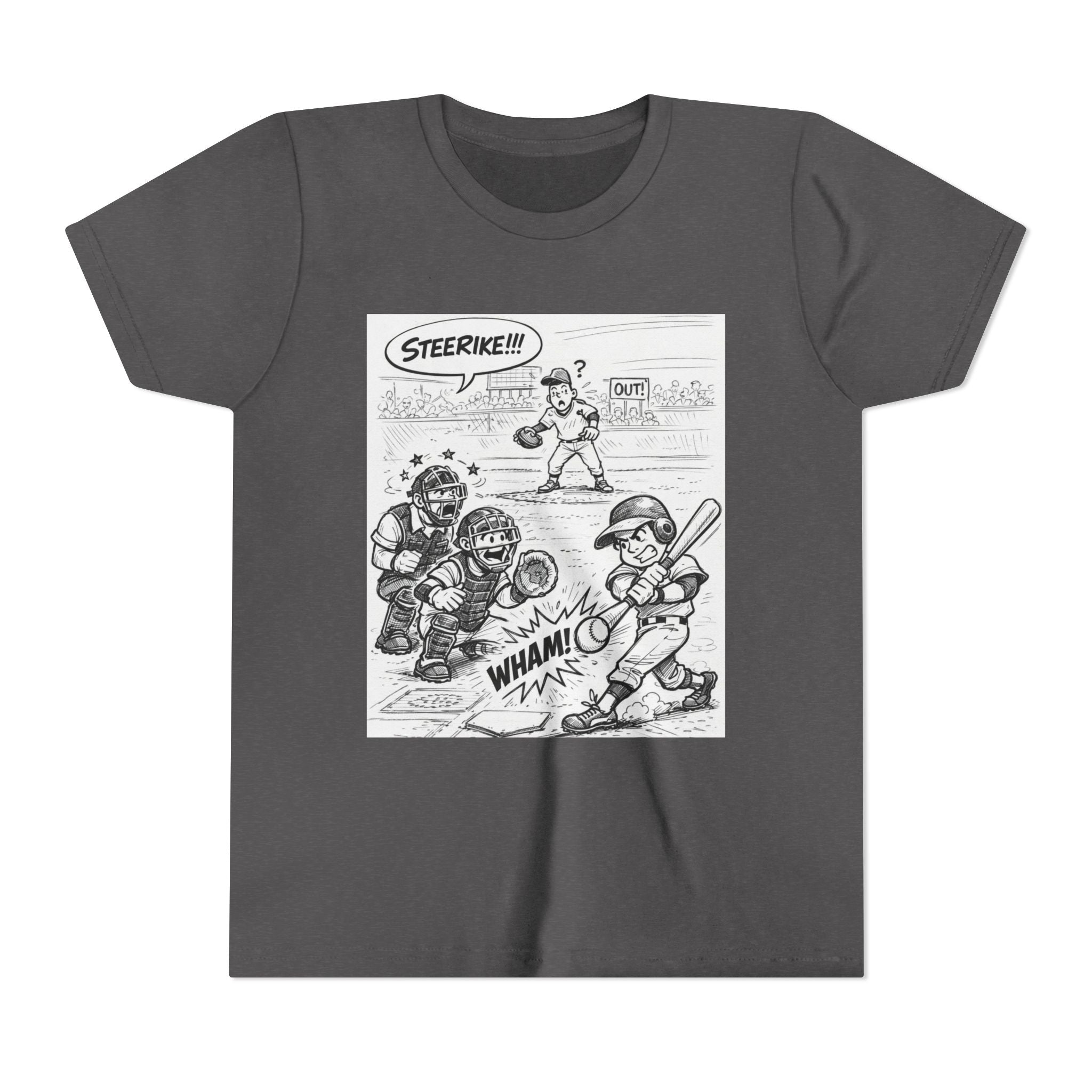 WHAM! Game Day Heroes™ – Youth Baseball Cartoon Tee (Front & Back)